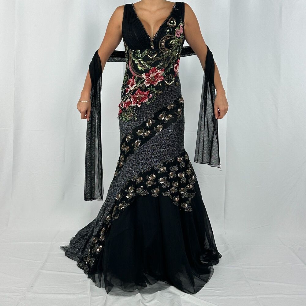 Vintage Floral Embroidered & Beaded Maxi Ball Gown Prom Dress Black New Size 4